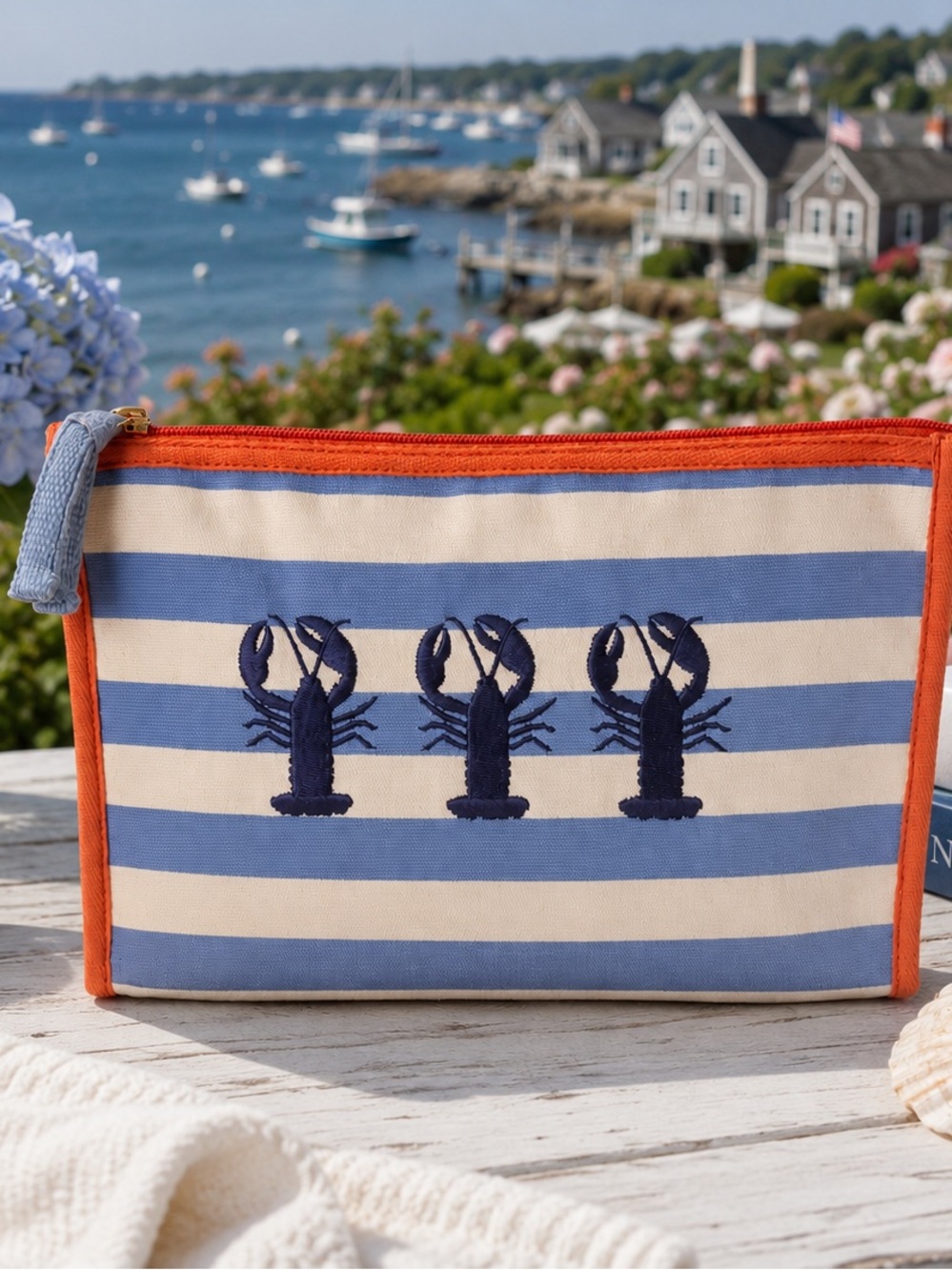 Shiraleah Chicago Lobster Embroidered Coastal Zip Pouch | Blue Stripe | NWT